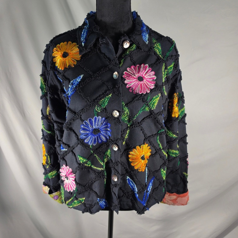 Tantrums Black Floral Embroidered Cotton Lattice Jacket M Boho Whimsigoth Vtg - Picture 2 of 13
